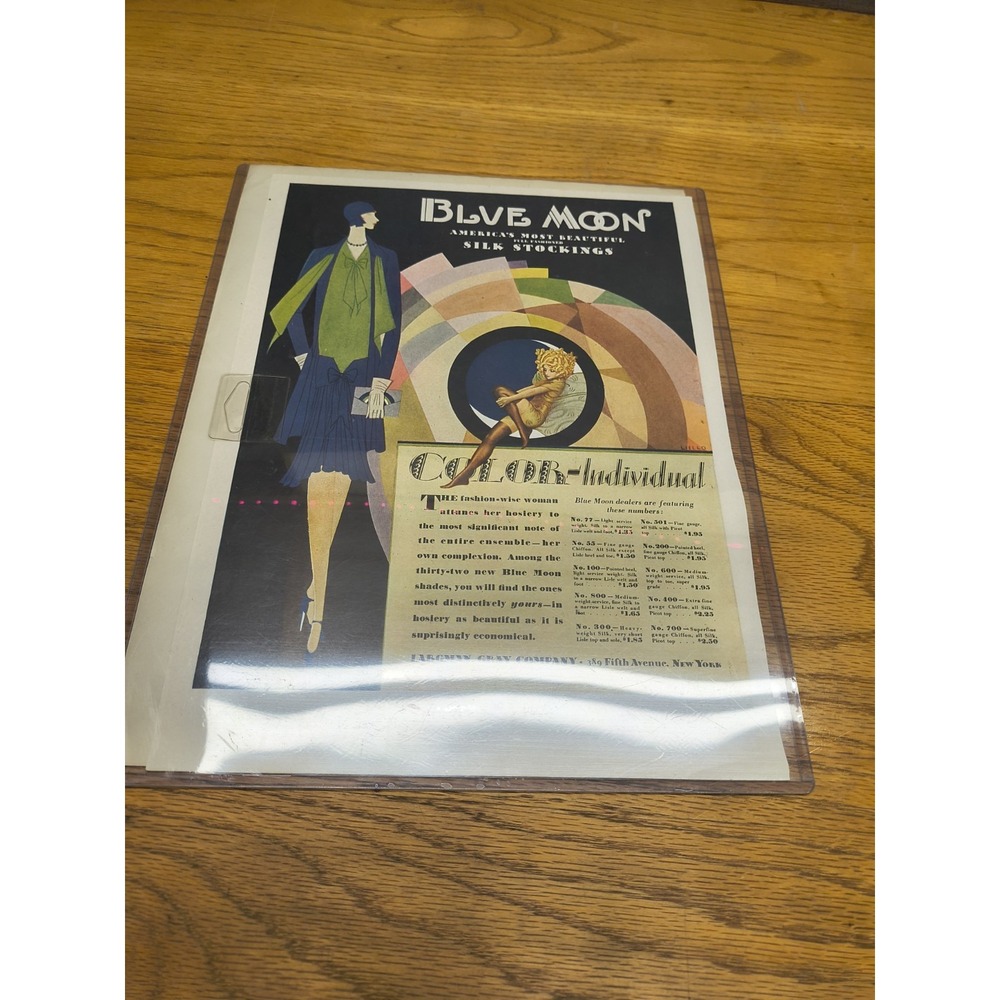 1929 FASHION WOMEN BLUE MOON STOCKING HOSIERY LARGMAN TENGGREN ART DECO AD WW91